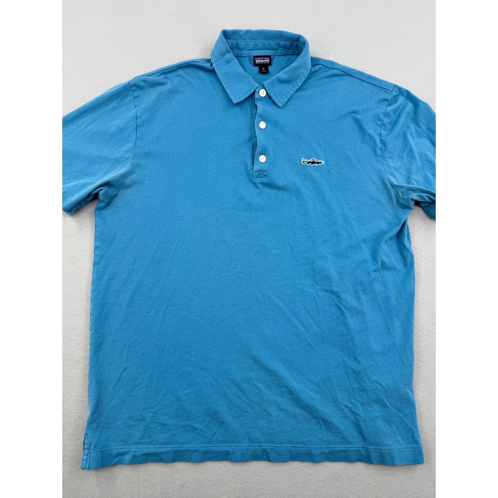 Patagonia Organic Cotton Short Sleeve Polo Mens Mโ Blue Trout Logo Gorpcore - Picture 2 of 9